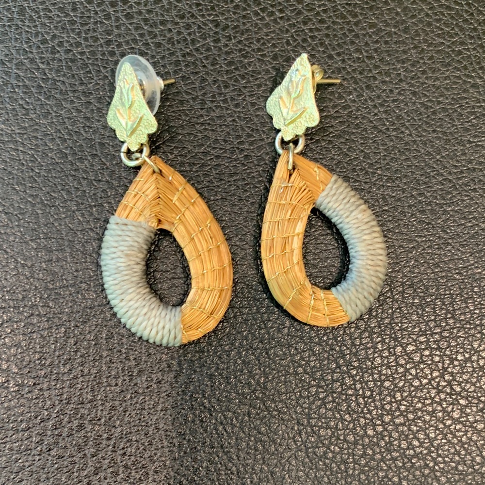 Handmade Local Artisan Tan and Light Blue Grey Woven Teardrop Earrings